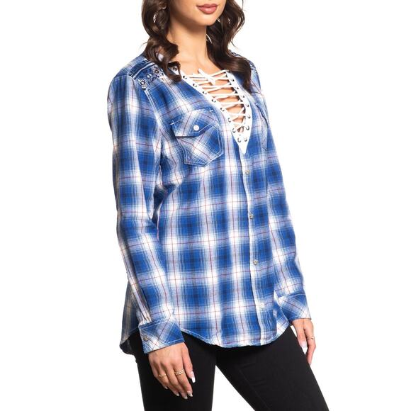 Affliction Lace Up Western Aztec Embroidered Snap Up Blue Plaid Women Small NEW - Picture 1 of 14